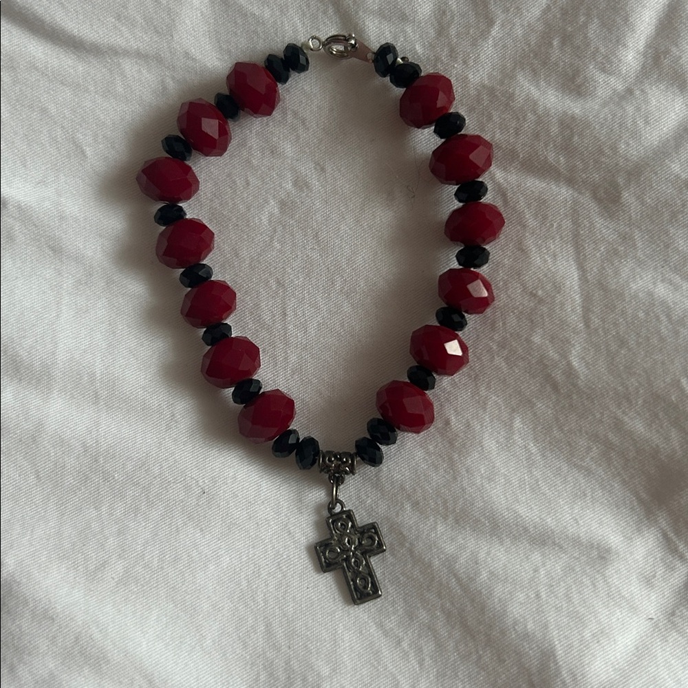 (FREE WITH PURCHASE) Red And Black Glads Beaded Bracelet With Cross Charm